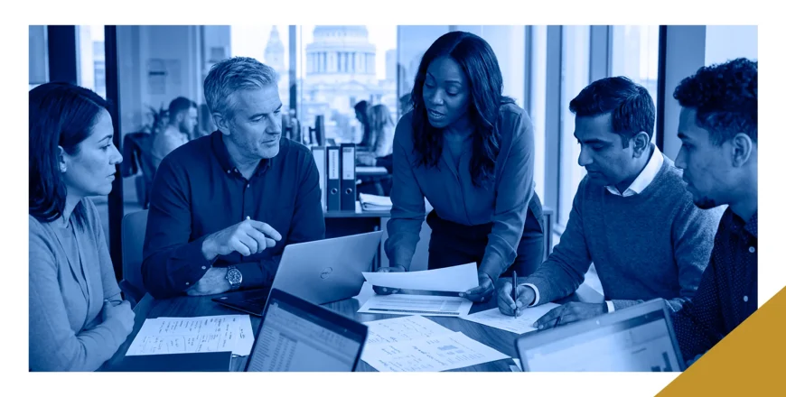 Startup finance team reviewing financial data on screens while preparing for a funding round