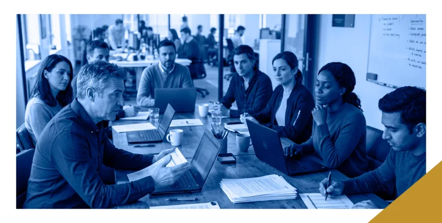 Business leaders reviewing deal documents during a merger or acquisition