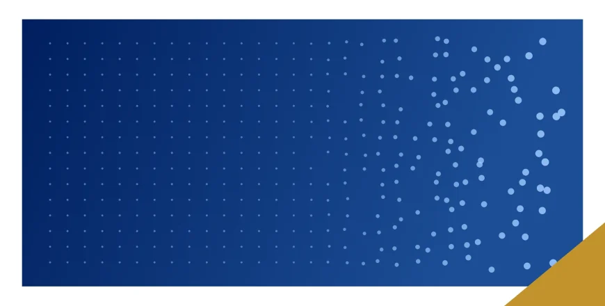 Abstract grid of uniform dots on the left resolving into fewer, larger irregular nodes on the right, representing automated processing giving way to human judgment